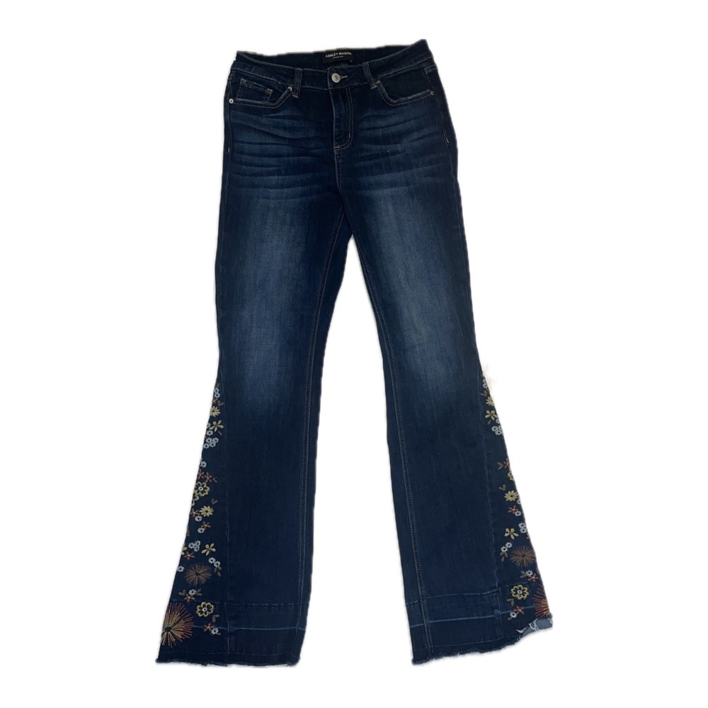 bell bottom, flower embroidered, faded, navy blue jeans